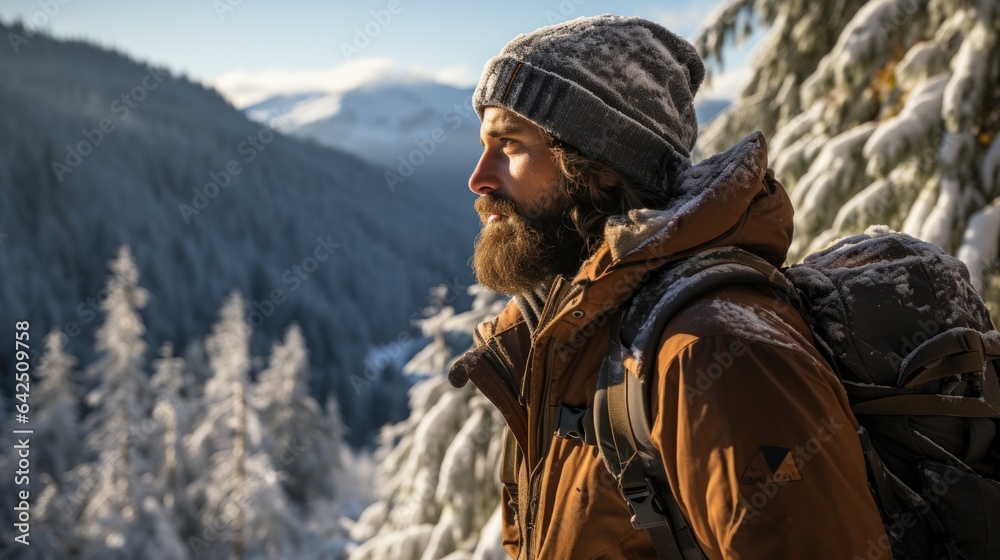 A traveler hiking in the snow-covered forest. A traveler hiking in the snow-covered forest.