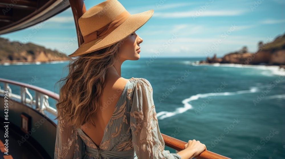Woman enjoying sea view on cruise ship deck. - obrazy, fototapety, plakaty 