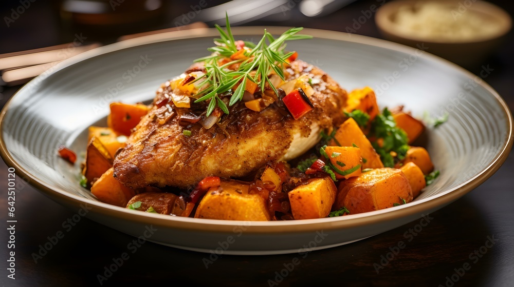 Close up of fried Chicken and sweet Potatoes on a Plate. Commercial Kitchen Backdrop Close up of fried Chicken and sweet Potatoes on a Plate. Commercial Kitchen Backdrop