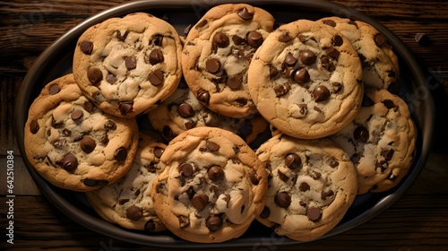 Overhead Shot of Chocolate Chip Cookies on a large Plate. Kitchen Backdrop © Florian