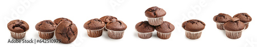 Set of tasty chocolate muffins on white background