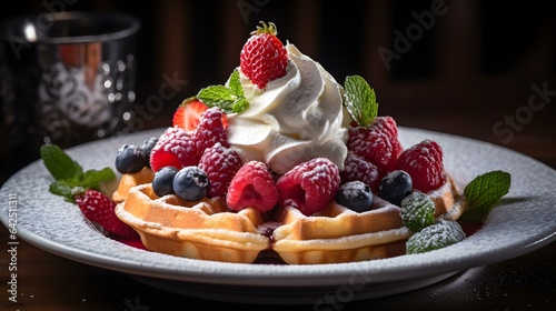 Close up of a Belgian Waffle with whipped Cream and fresh Berries on a plate. Commercial Kitchen Backdrop