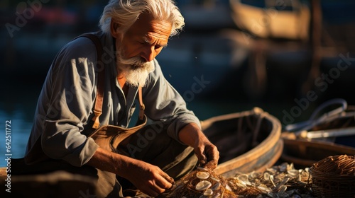 Fisherman mending his nets in a seaside town