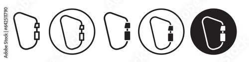 Carabiner Icon. Climbing clasp knot binder equipment tool symbol for outdoor adventure activity. Vector set of hiking carabine mount clip of metal steel. Flat outline of mountain rock rope safety lock