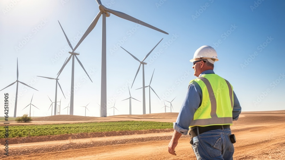 An engineer inspecting turbines at a wind farm. An engineer inspecting turbines at a wind farm.