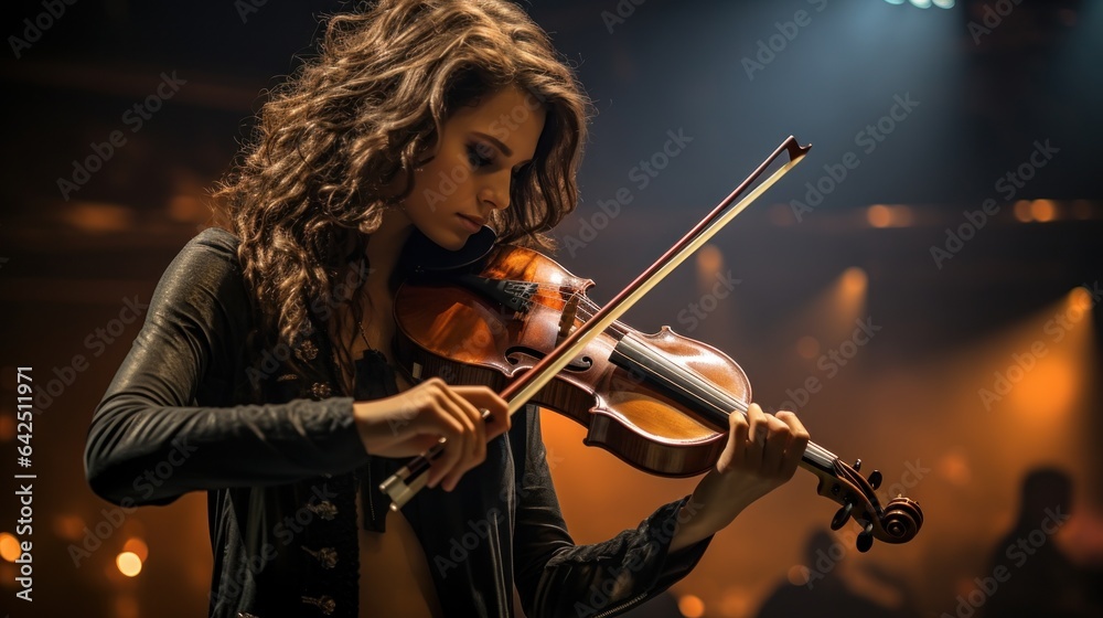 Fototapeta premium Musician woman playing violin in concert hall.