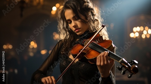 Musician woman playing violin in concert hall.