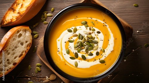 Overhead Shot of a Pumpkin Cream Soup with Seeds in a Bowl. Commercial Kitchen Backdrop