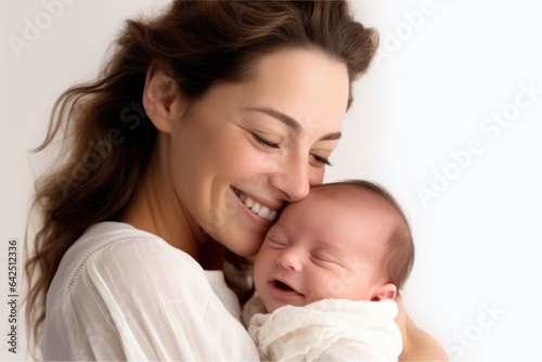 Pretty woman holding newborn baby in her hands. Bright portrait of loving mom carying of her infant child at home.