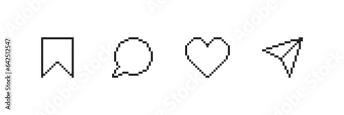 Share, save, like and comment icon set. Pixel style. Vector EPS 10