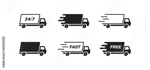 Delivery icon set. Truck symbol. Fast, free, 24/7 delivery. Vector EPS 10