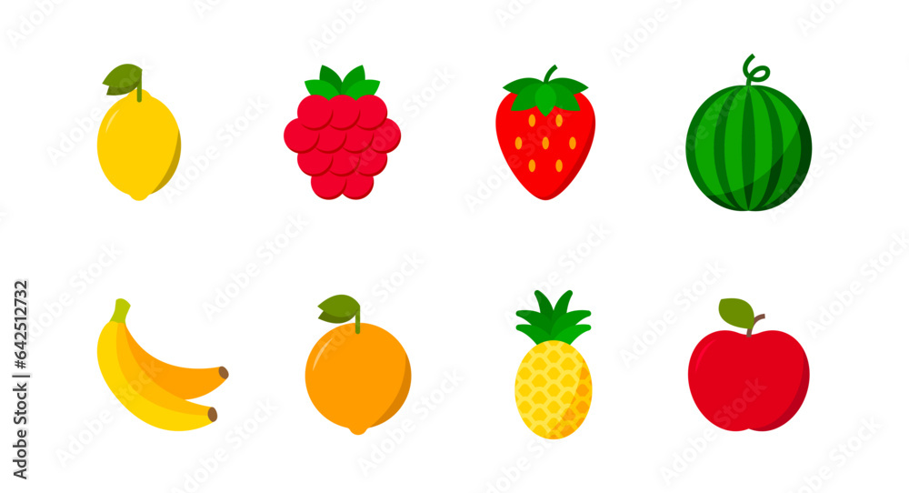 Fruits and berries icon. Lemon, orange, pineapple, apple, banana, waterlemon, strawberry, raspberry. Vector EPS 10 Fruits and berries icon. Lemon, orange, pineapple, apple, banana, waterlemon, strawberry, raspberry. Vector EPS 10