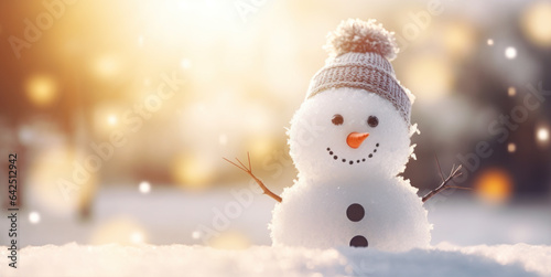  Snowman in winter sunshine on bokeh background. Christmas card. © Marc Andreu