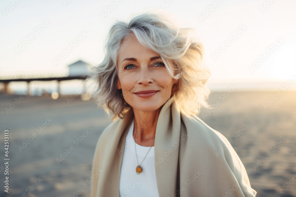 Smiling middle age grey-haired woman on the beach Smiling middle age grey-haired woman on the beach