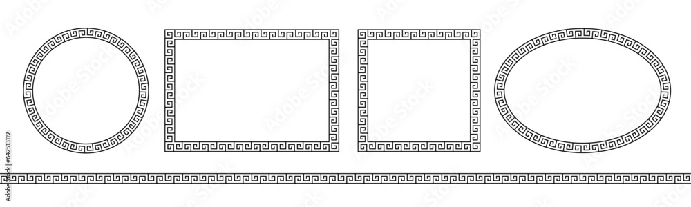Naklejka premium Greek pattern. Roman ellipse frame. Outline greece border isolated on white background. Round greec boarder for design prints. Circular ancient ornament. Fret rome key stripes. Vector illustration