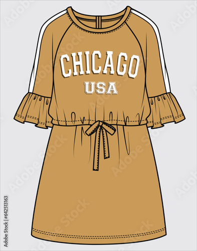 TRENDY SPORTY RAGLAN SLEEVE TERRY DRESS FOR TEEN AND KID GIRLS IN EDITABLE VECTOR FILE