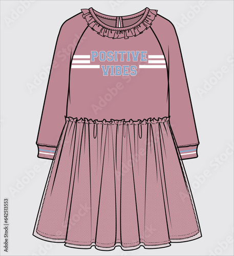 TRENDY SPORTY TERRY DRESS WTH TEXT TAPE DETAIL FOR TEEN AND KID GIRLS IN EDITABLE VECTOR FILE