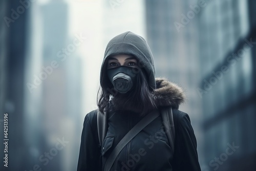 Woman wear mask in the city during smog day dramatic scene generative ai