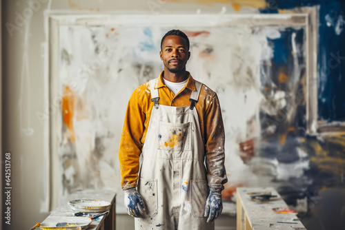 Portrait of african american house painter male in renovation room. Decoration and improvement living or office interior