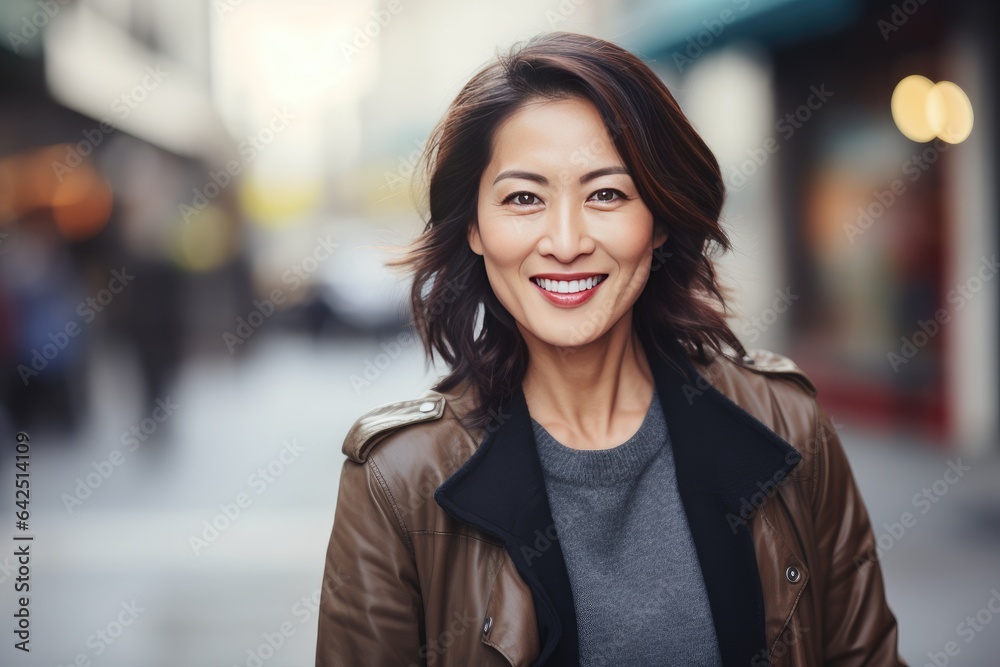 Asian woman smiling happy face portrait on a city street Asian woman smiling happy face portrait on a city street