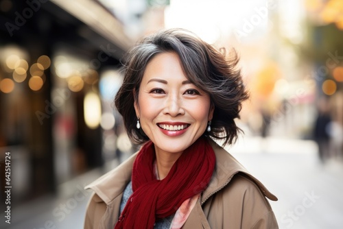 Mature Asian woman smiling happy face portrait on a city street