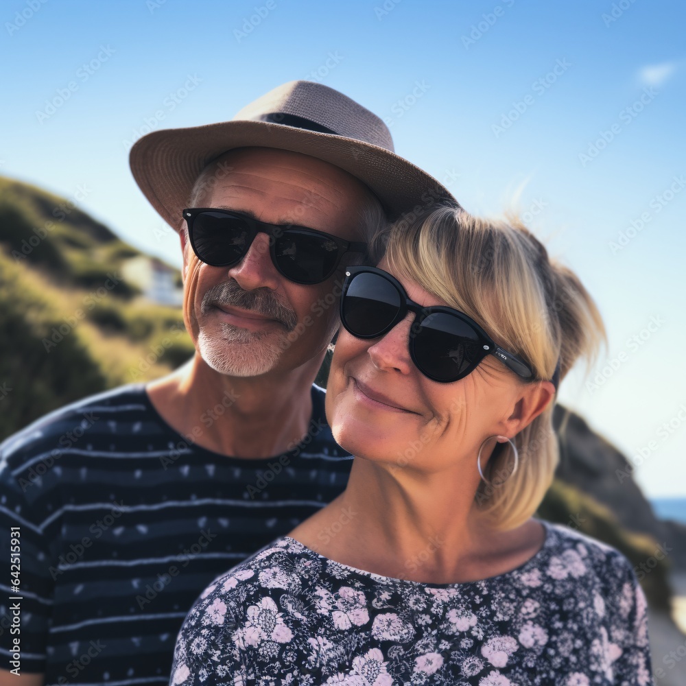 Mid-Aged mature Couple on Wellness Holiday at the beach, generative AI Mid-Aged mature Couple on Wellness Holiday at the beach, generative AI