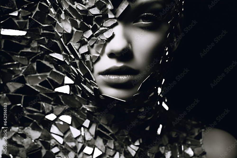 Beauty portrait of a white woman with beautiful makeup and broken mirror pieces Beauty portrait of a white woman with beautiful makeup and broken mirror pieces