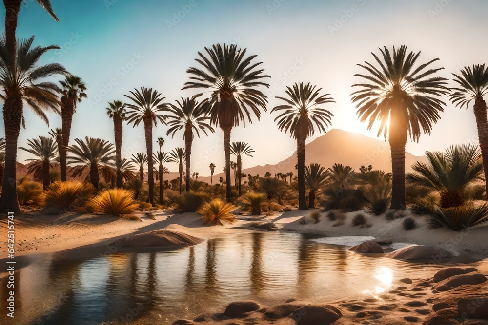 A barren desert into a blooming oasis with palm trees and flowing water