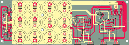 Vector printed circuit board of an electronic 
device with components of radio elements, 
conductors and contact pads placed on it. 
Engineering drawing.