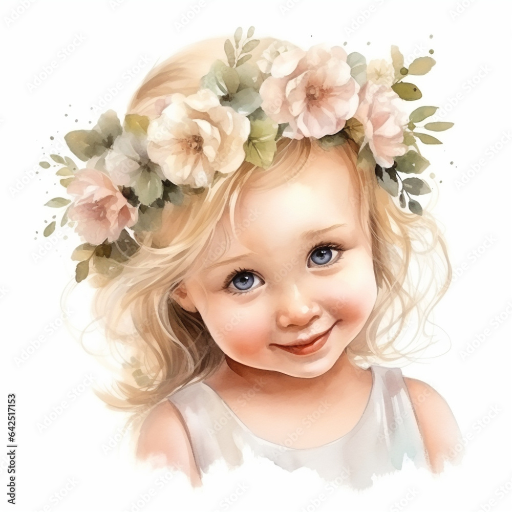 charming little girl,blonde, with a wreath of flowers on her head,white background,watercolor