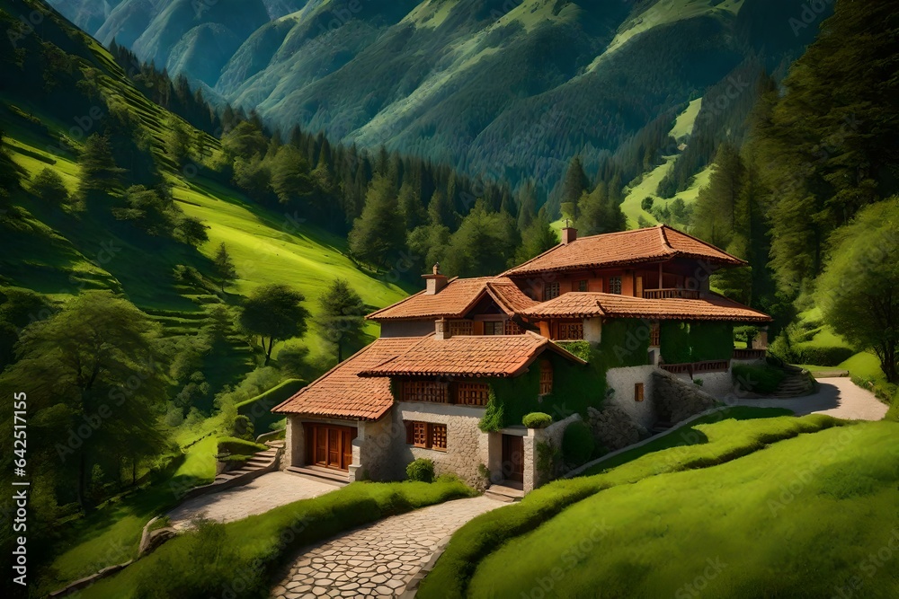 A beautiful mountain retreat with a terracotta-roofed house, embraced by lush trees and a carpet of emerald green grass