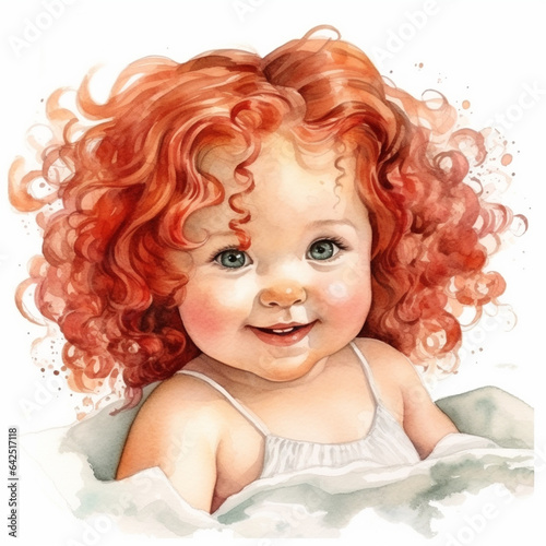 charming little girl with red hair smiling sweetly,white background,watercolor illustration