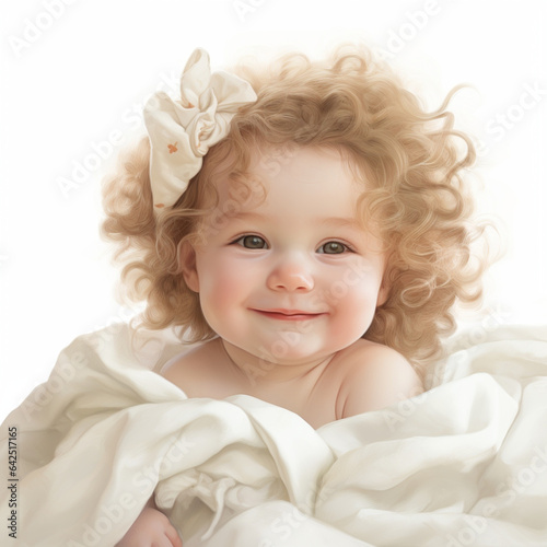charming little girl with blonde hair smiling sweetly,white background,illustration