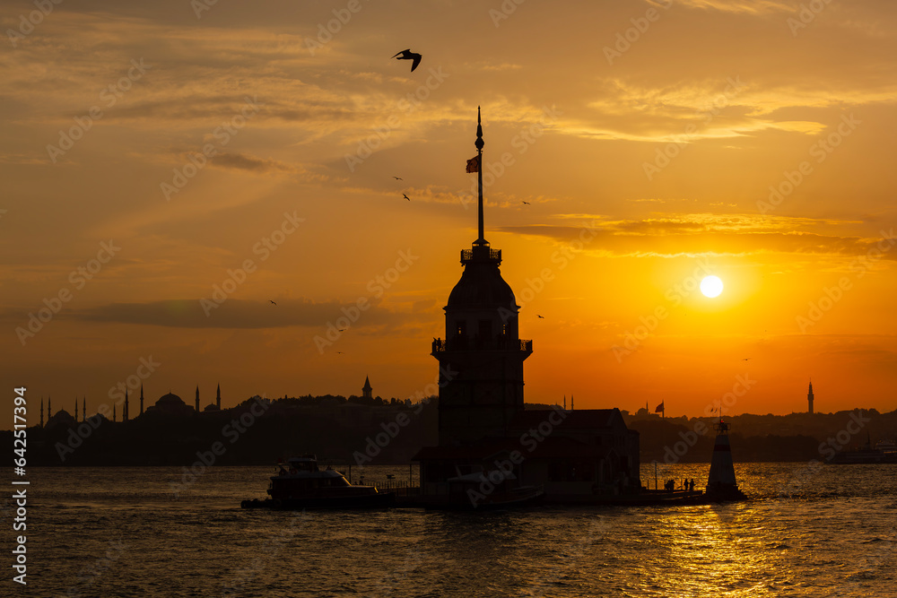 Maidens tower with beautiful orange sunset  Istanbul, turkey, kiz kulesi tower. 