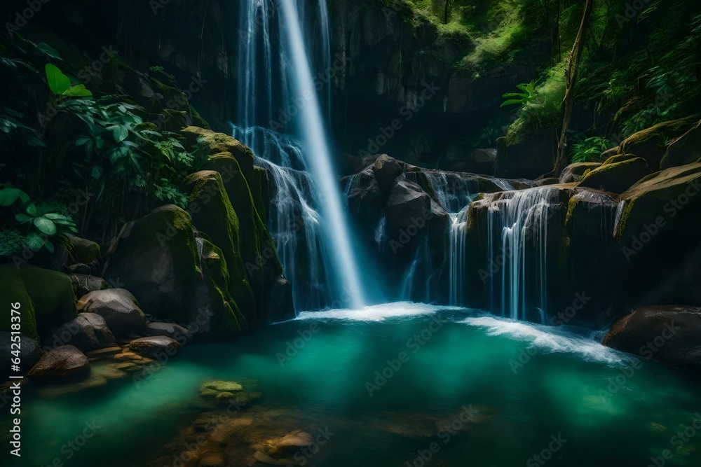 A breathtaking waterfall cascading down a rocky cliff into a pool below, surrounded by lush green vegetation.