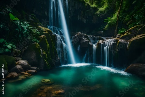 A breathtaking waterfall cascading down a rocky cliff into a pool below, surrounded by lush green vegetation. © Muhammad