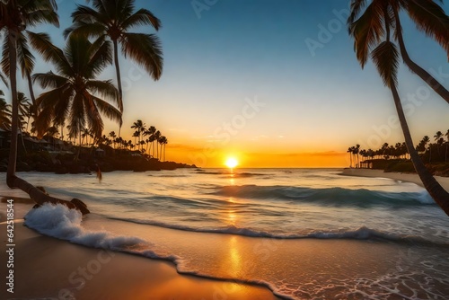 A calming beach sunset with palm trees and gentle waves rolling in