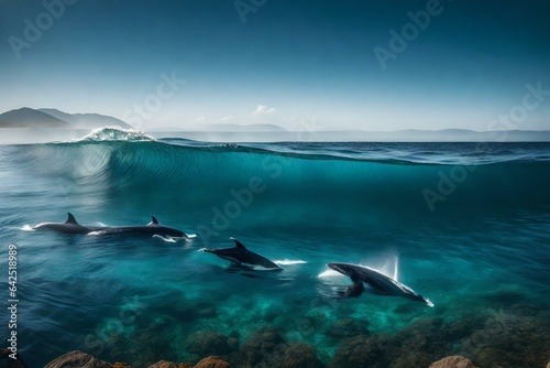A clear bay with transparent water and a pod of humpback whales breaching