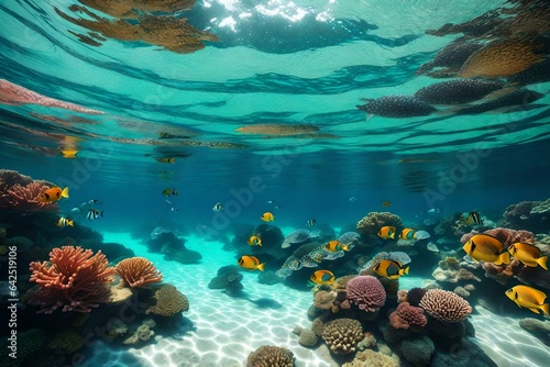 A clear ocean with coral reefs and a multitude of exotic fish