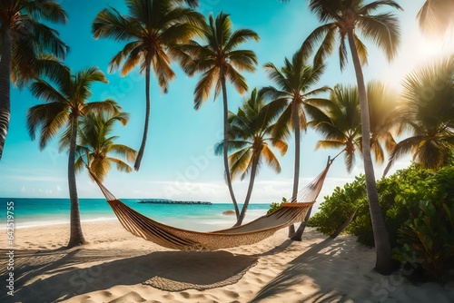 A coastal scene into a tropical island paradise with palm trees and hammocks © Muhammad