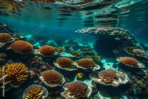 A coral atoll with transparent water and a diverse array of fish