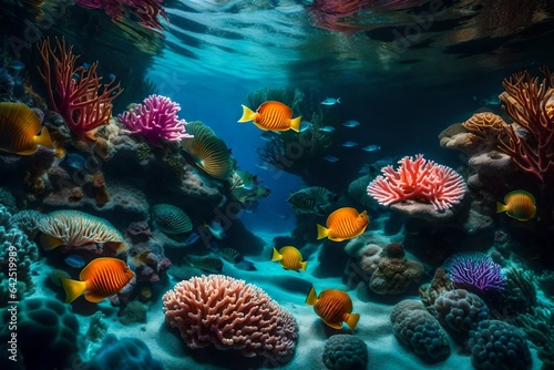 A coral reef into an enchanted underwater garden with singing seashells