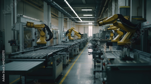 Large Production Line with Industrial Robot Arms at Modern Bright Factory. Solar Panels are being Assembled on Conveyor. Automated Manufacturing Facility. © Matthew