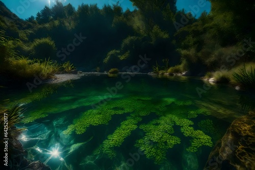 A crystal-clear river with underwater plants and fish hiding in the shadows