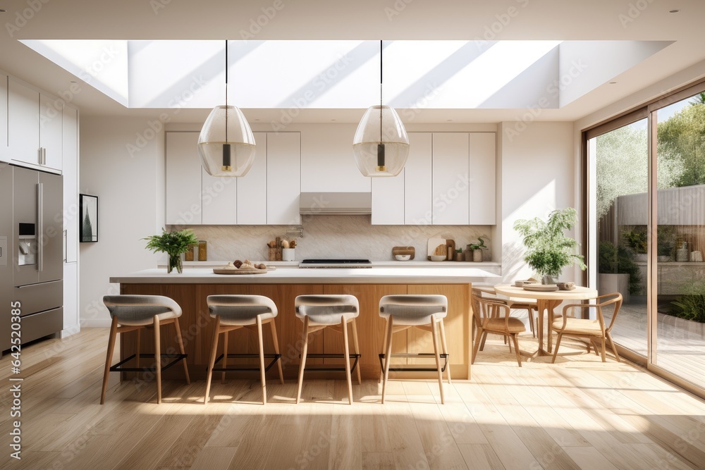 Fototapeta premium Sunny Summer Modern White Kitchen Interior With Hardwood Floors And White Cabinets