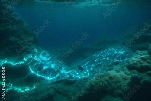 A deep sea trench with bioluminescent creatures illuminating the darkness