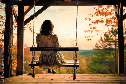 Young woman sitting on a swing in the autumn forest at sunset.