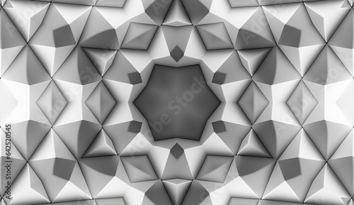 3D render of black and white monochrome abstract art with part of surreal alien hypnotic fractal kaleidoscopic outline floral symmetry structure.
