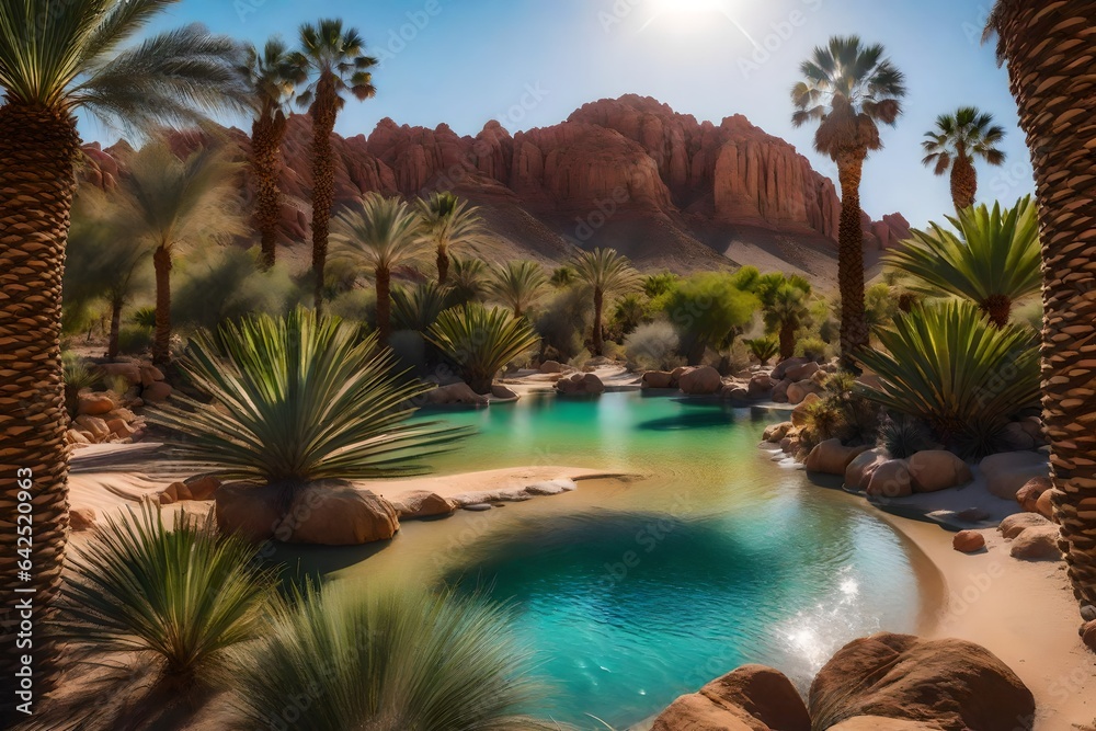 A desert oasis with lush palm trees and a freshwater spring