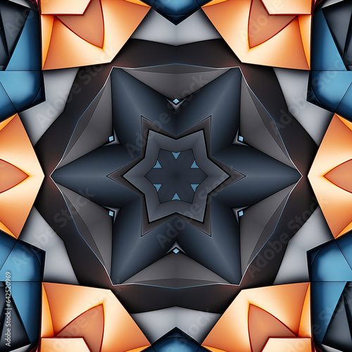 3d render, abstract background of floral kaleidoscope, colorful paper flowers ornament. Modern wallpaper. 3d Illustration